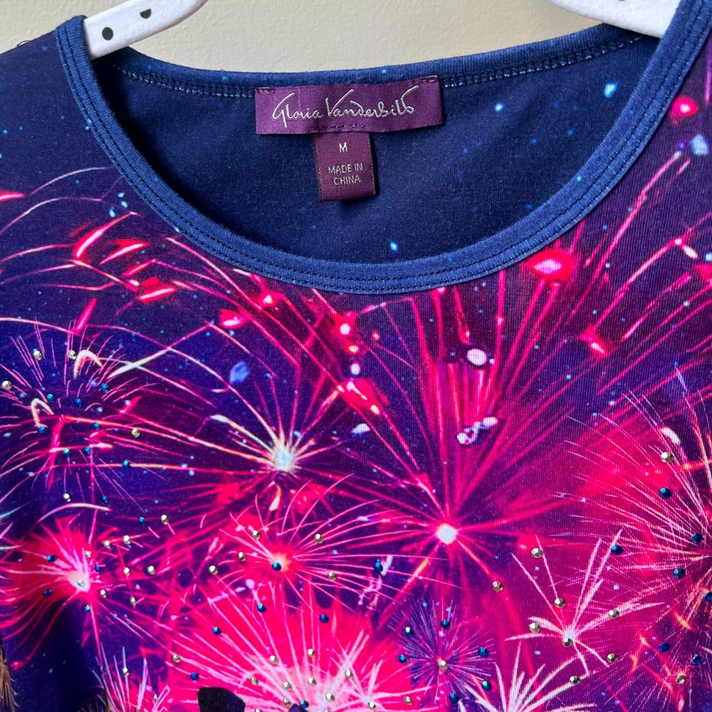 Gloria Vanderbilt Bling T Shirt Fireworks Patriotic USA Dogs Medium - Picture 3 of 4